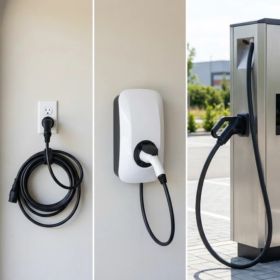 Comparaison des trois niveaux de recharge : prise domestique, wallbox et borne rapide
