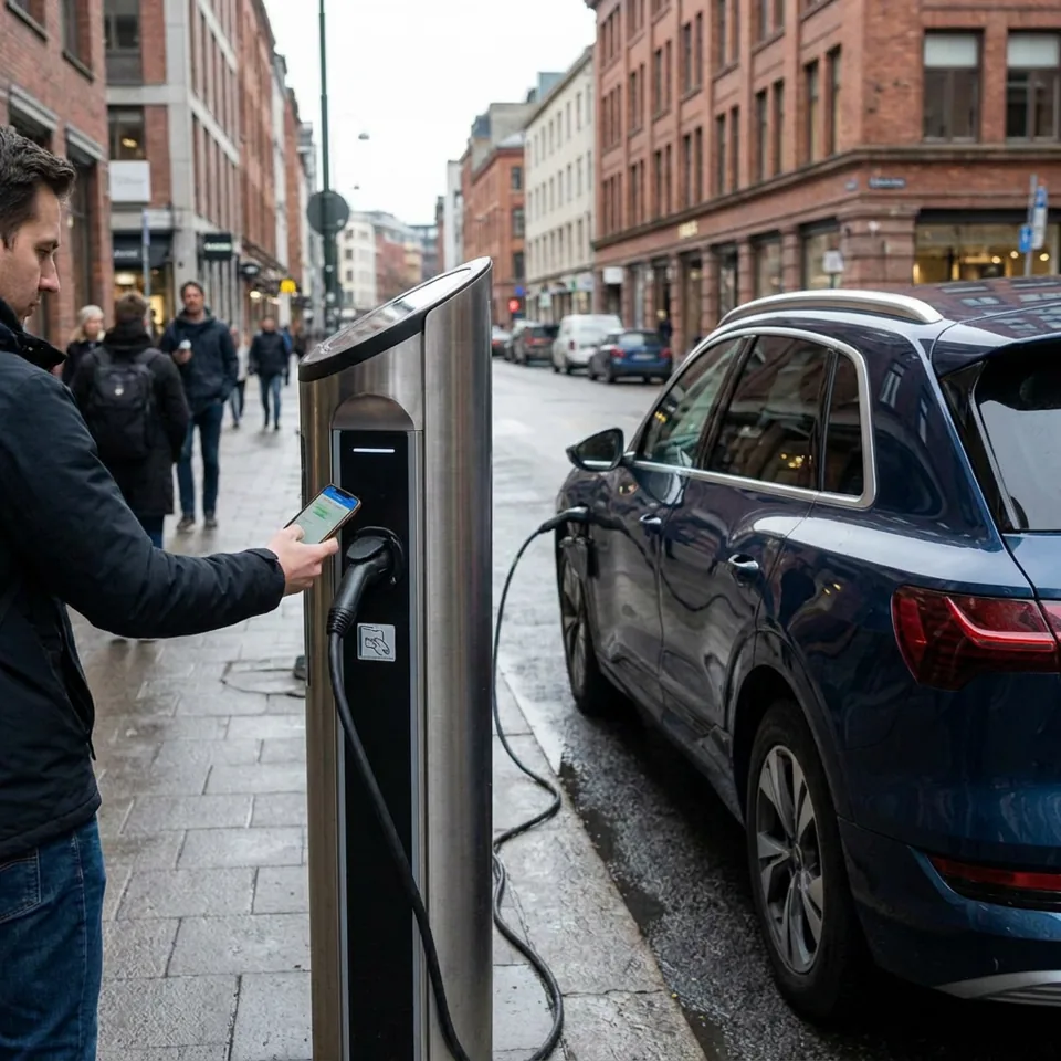 Utilisateur démarrant une session de recharge sur une borne publique
