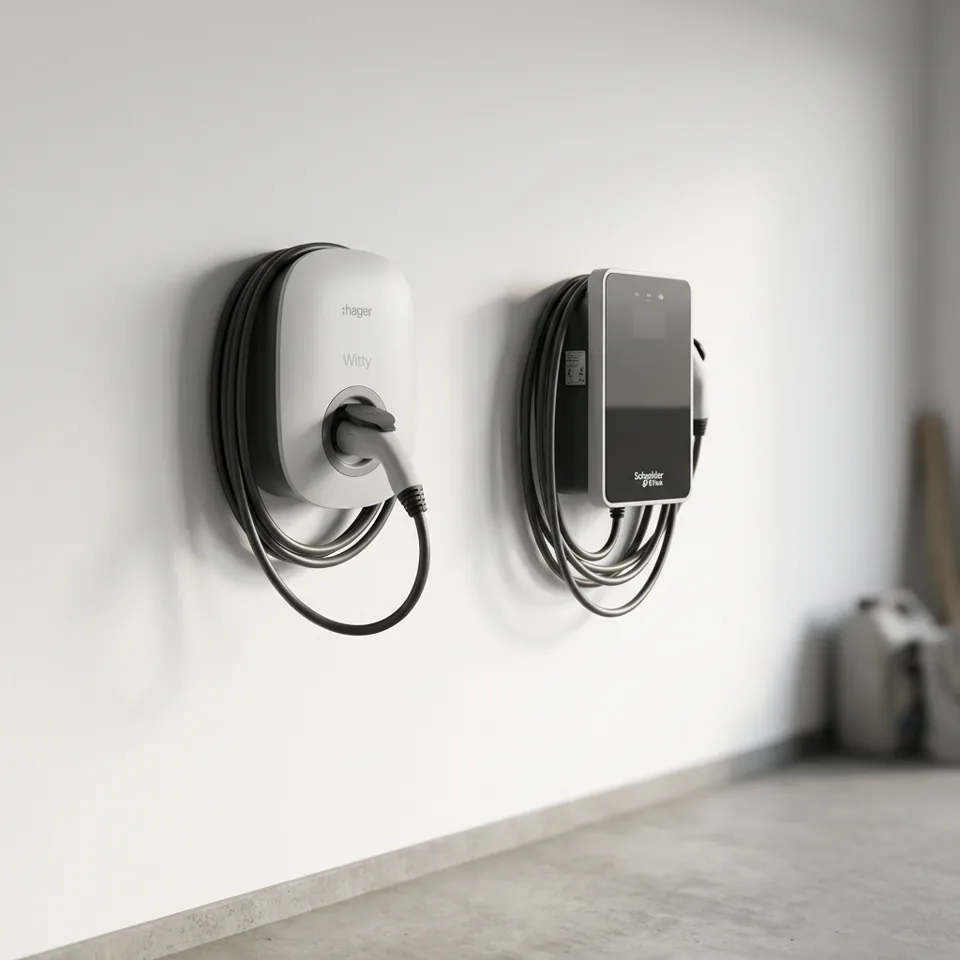 Comparatif bornes de recharge domicile : Hager Witty vs Schneider E...