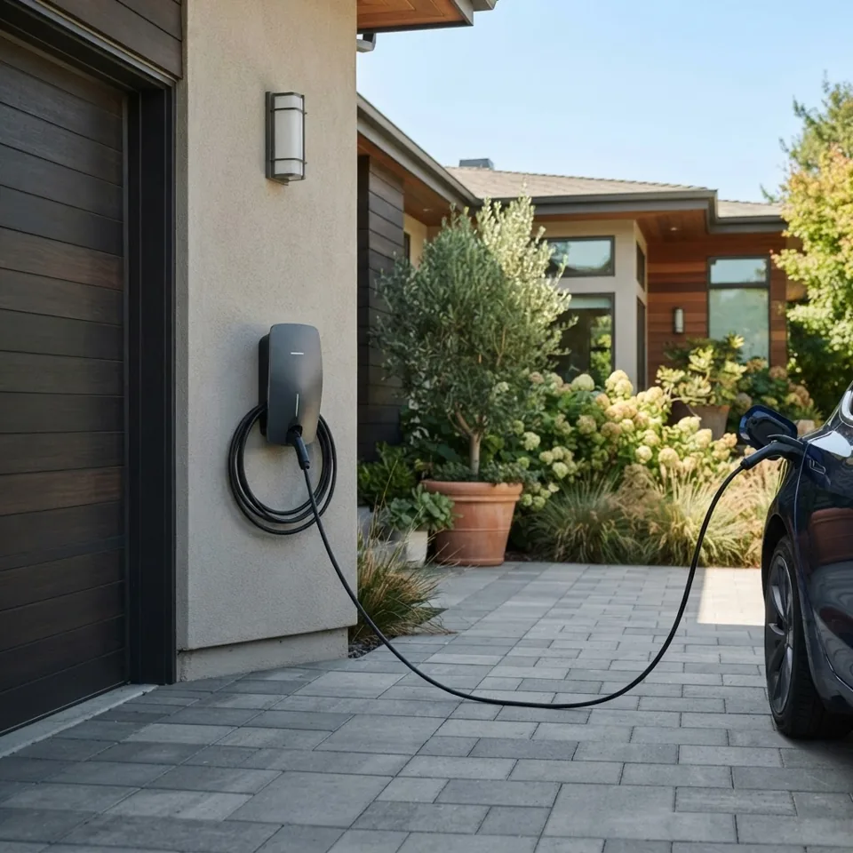 Borne de recharge electrique moderne installee dans une allee de maison individuelle