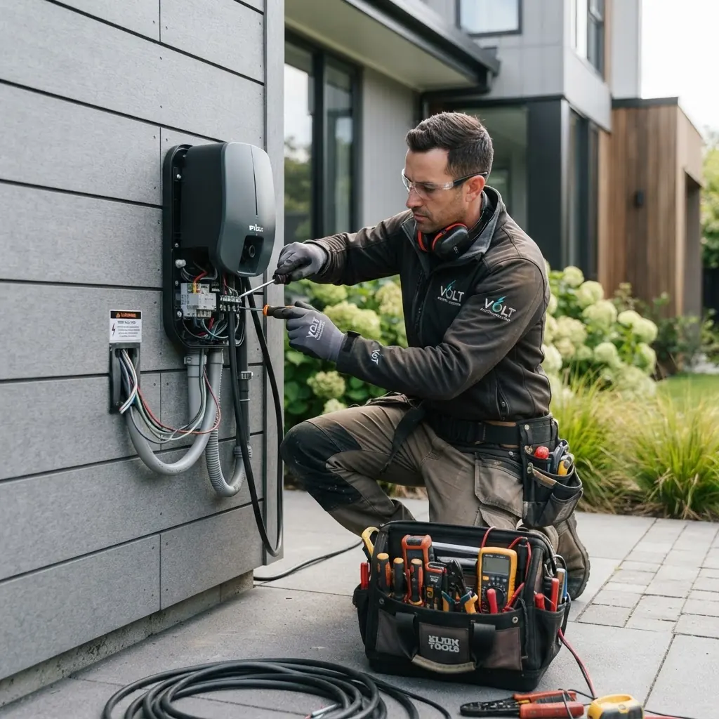 Technicien certifie installant une borne de recharge electrique murale a domicile